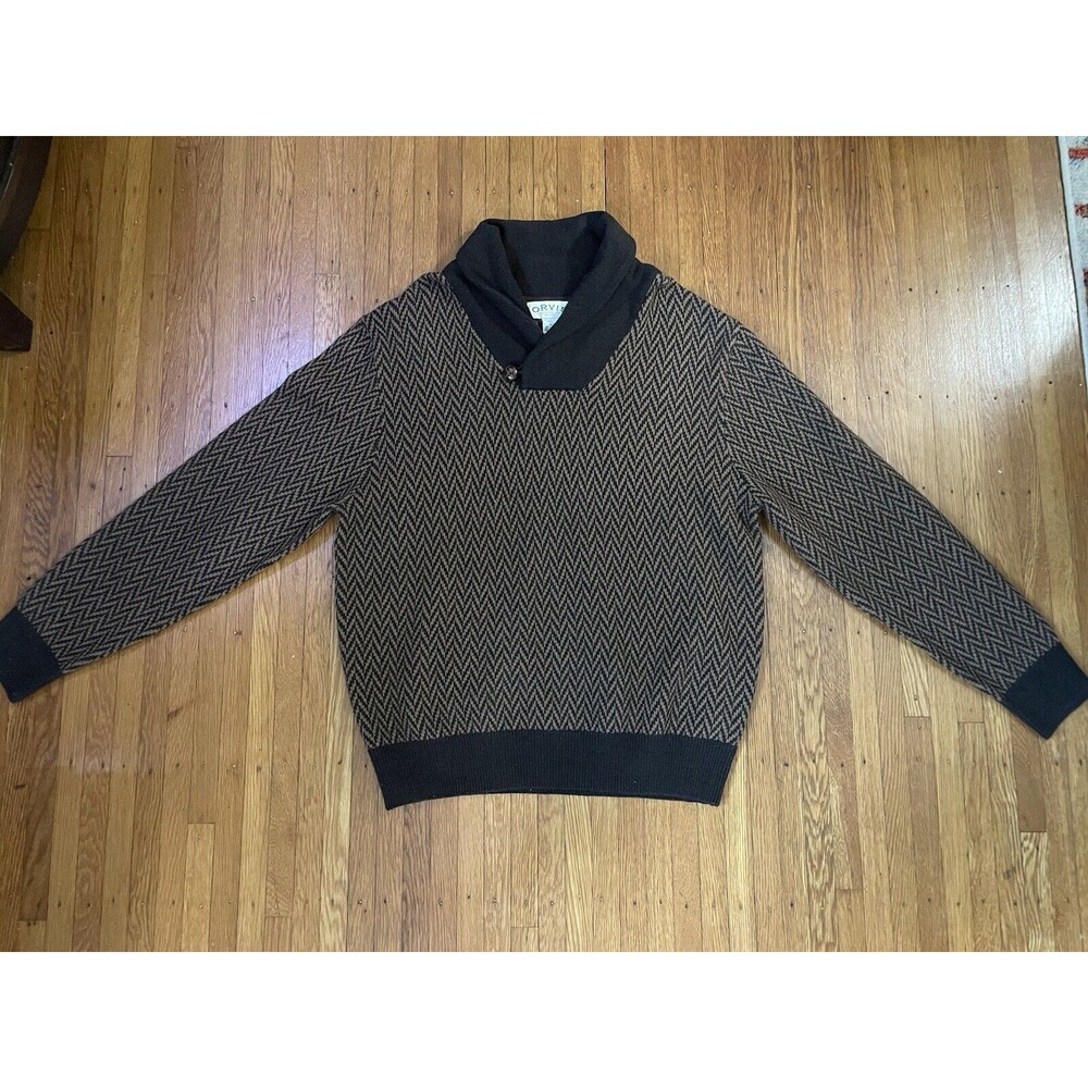Men’s Orvis Part Cashmere Pullover Sweater Black & Tan Chevron Print-Soft - XL